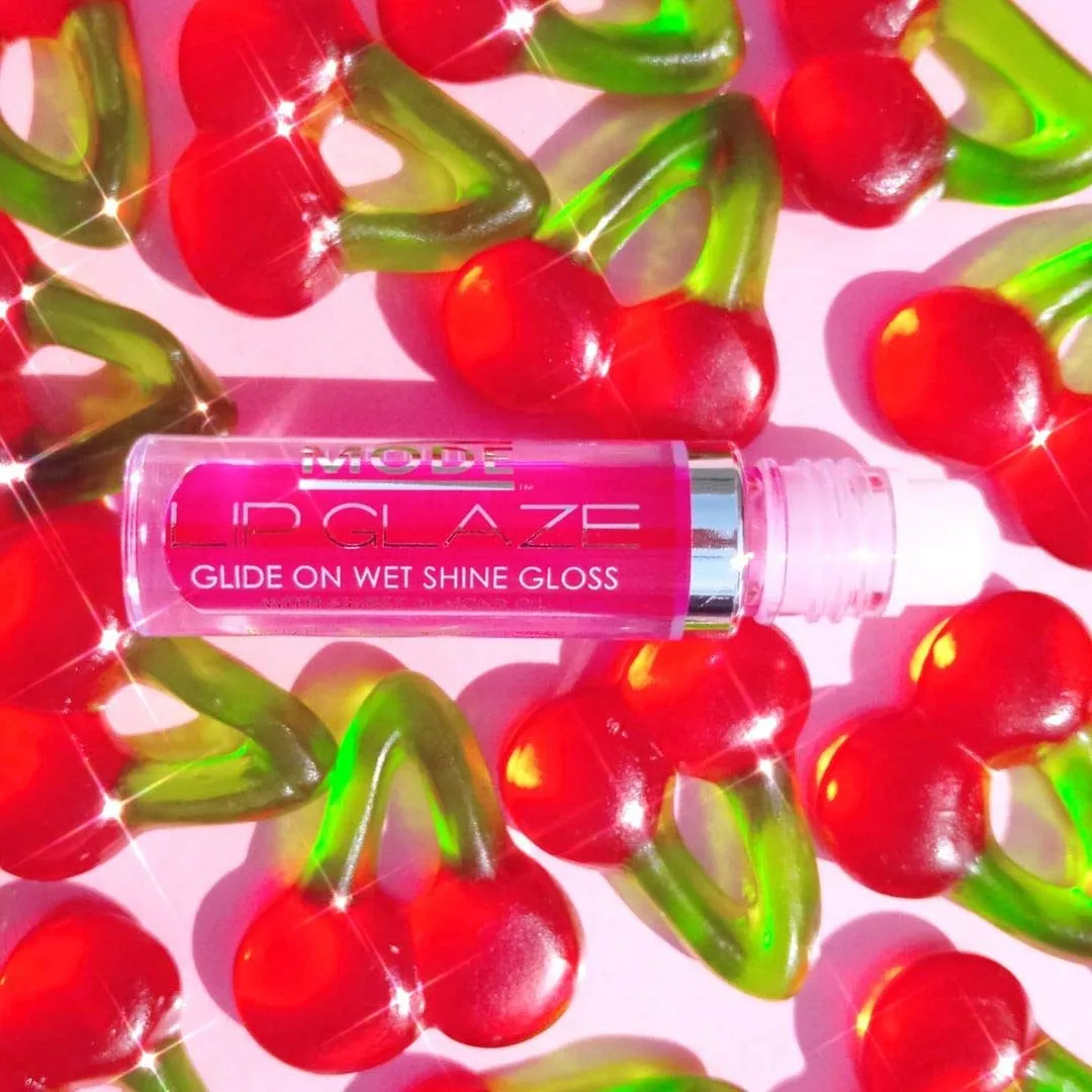 MODE Lip Glaze Flavored Lip Gloss CHERRY Delicious Yummy Flavor, Roll On Sweet Wet Nourishing Shine, Hydrating Moisturizing Natural Skincare Fruit Oils, Made in NY USA
