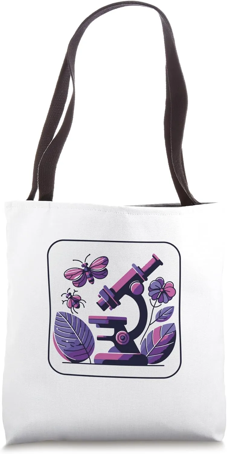 Modern Microscope Illustration with Butterflies and Flowers Tote Bag