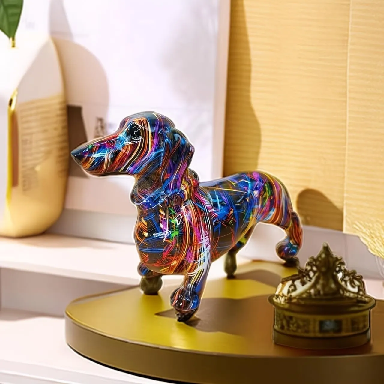 Modern Rainbow Resin Dachshund Dog Figurine, Alphabet Animal Sculpture for Shelf, Home, Living Room, Office Cabinet, Tabletop & Entryway Decor - Ideal Gift for Dog Lovers, Art Collectible
