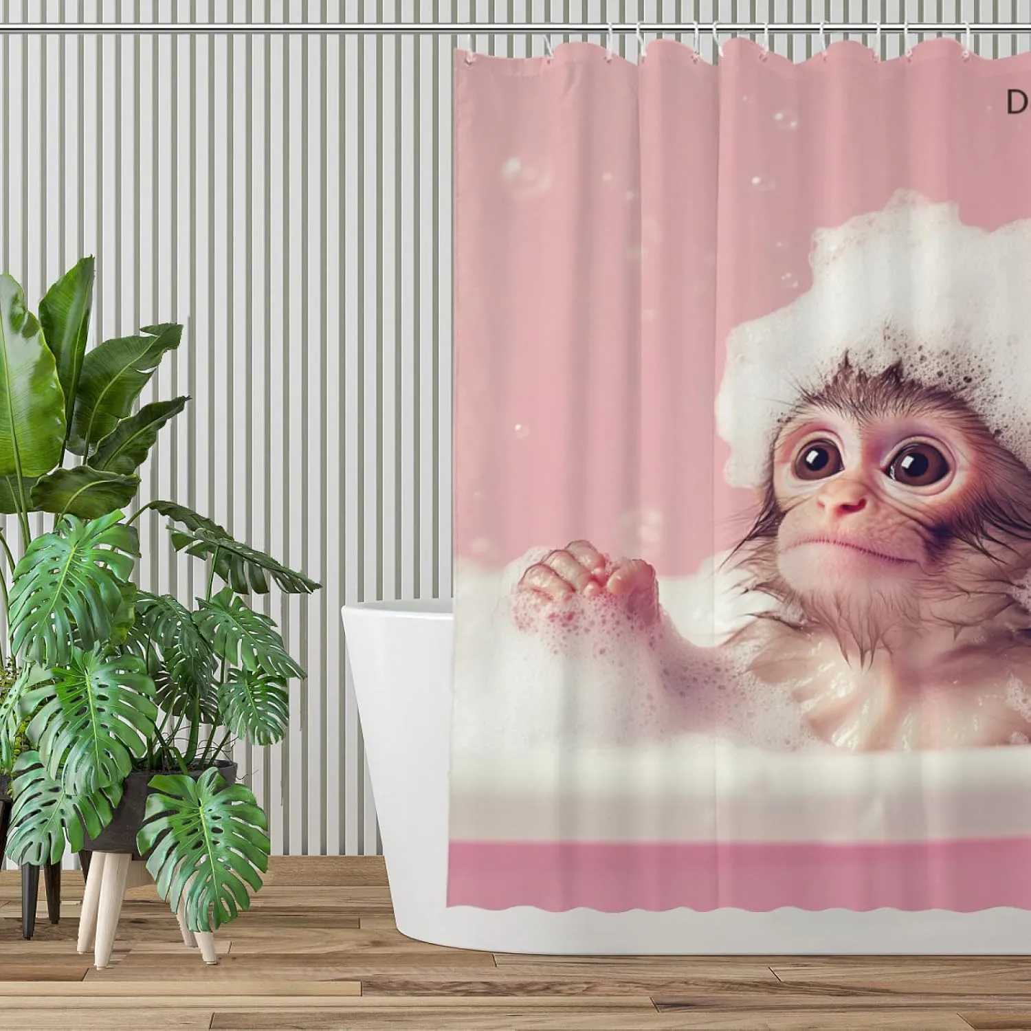 Monkey Pink Shower Curtain, Cute Monkey with Soap Bubble, Pink Shower Curtain Set with 12 Hooks for Spring Summer Bathroom Decor, 72X72inch
