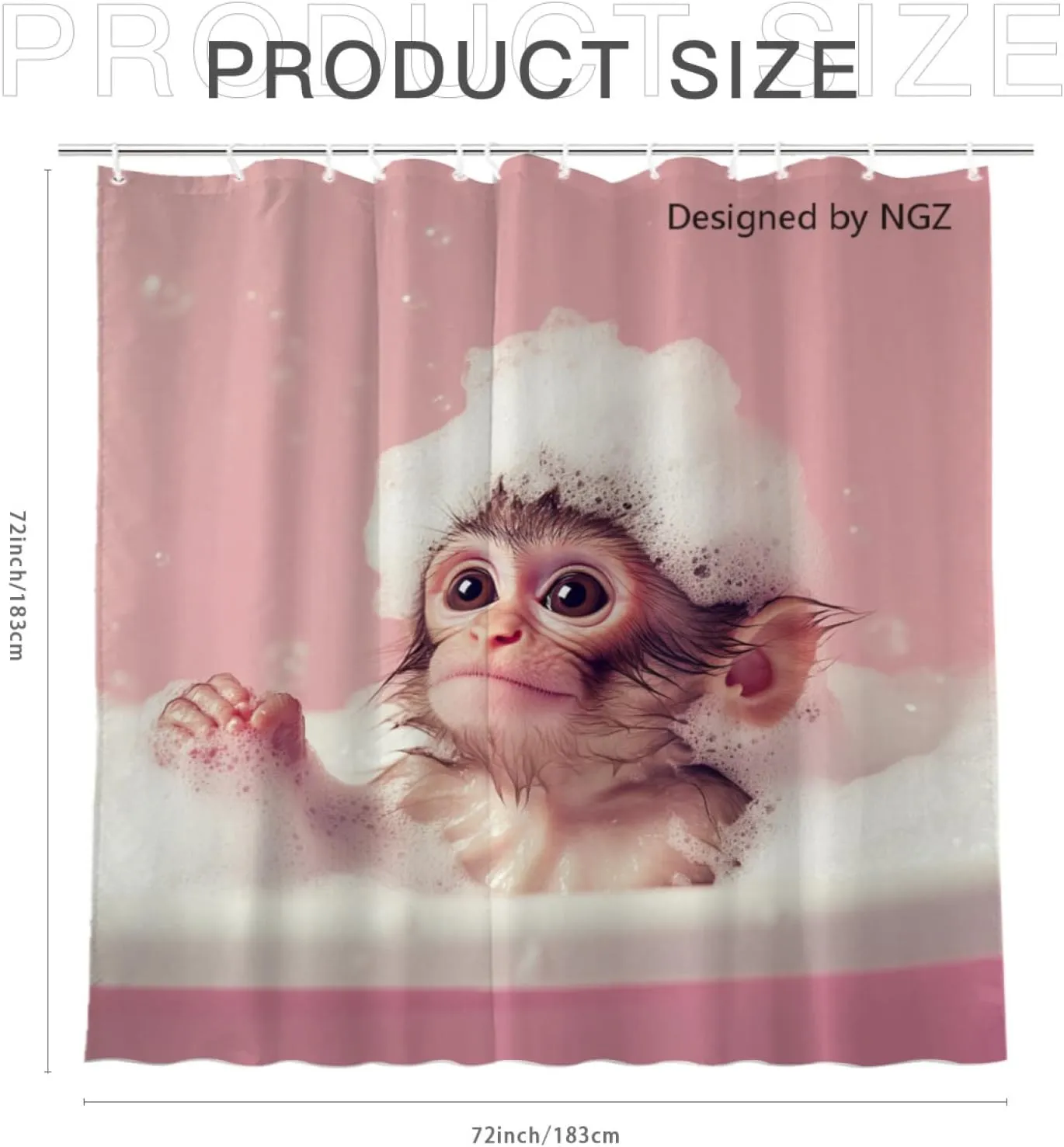 Monkey Pink Shower Curtain, Cute Monkey with Soap Bubble, Pink Shower Curtain Set with 12 Hooks for Spring Summer Bathroom Decor, 72X72inch