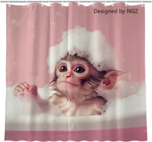 Monkey Pink Shower Curtain, Cute Monkey with Soap Bubble, Pink Shower Curtain Set with 12 Hooks for Spring Summer Bathroom Decor, 72X72inch