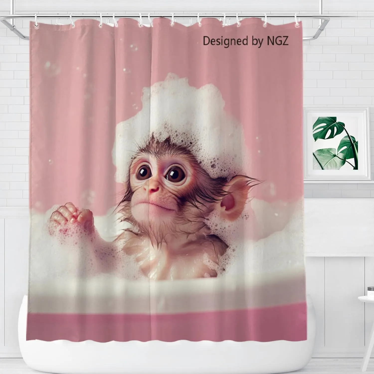 Monkey Pink Shower Curtain, Cute Monkey with Soap Bubble, Pink Shower Curtain Set with 12 Hooks for Spring Summer Bathroom Decor, 72X72inch