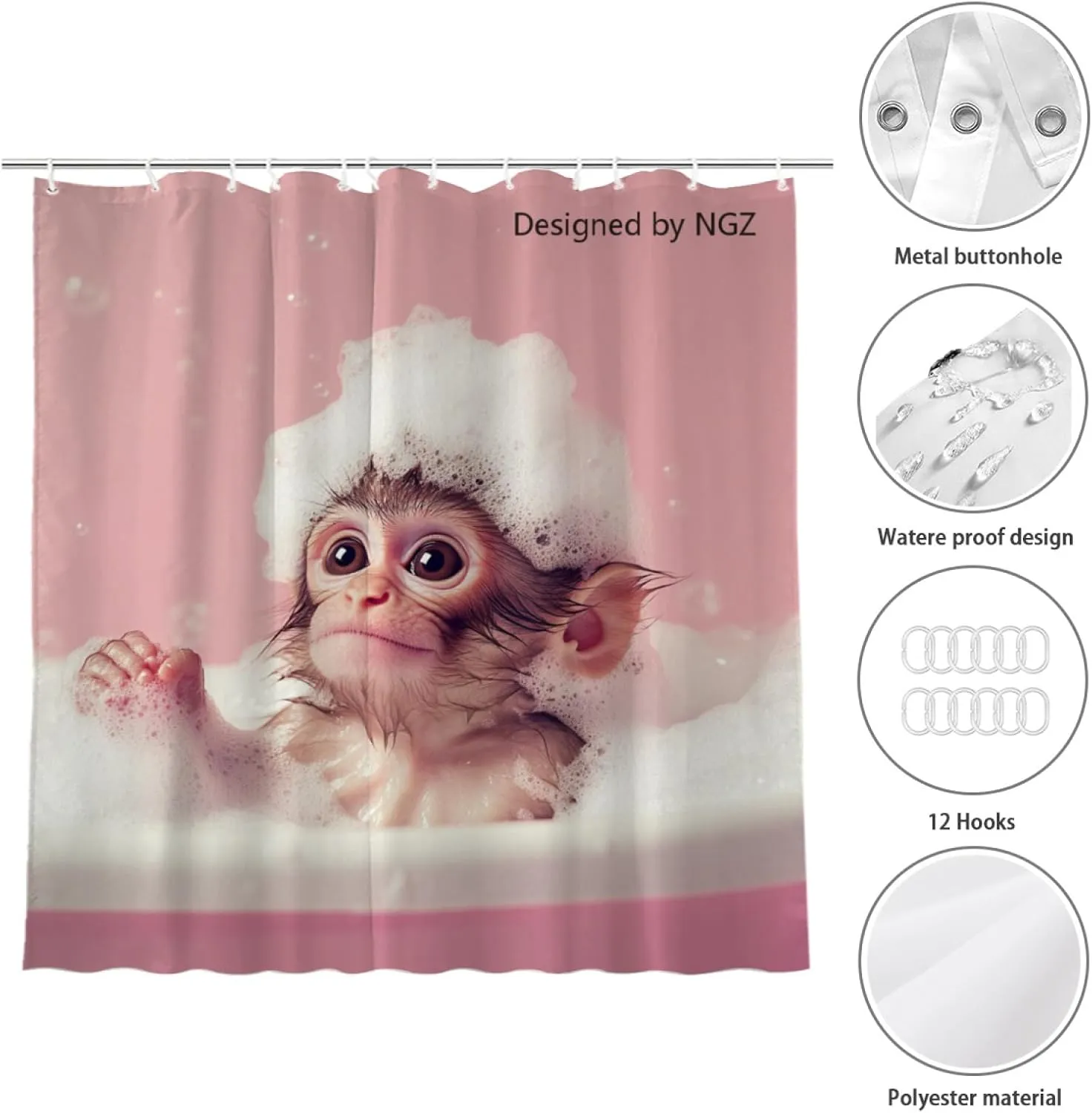 Monkey Pink Shower Curtain, Cute Monkey with Soap Bubble, Pink Shower Curtain Set with 12 Hooks for Spring Summer Bathroom Decor, 72X72inch
