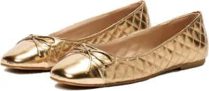 MOOMMO Women Cap Toe Flats Bow Slip On Ballet Flats Comfort Quilted Metallic Flat Shoes Round Toe Flat Heel Dress Shoes Office Ladies Party Chic Driver Flats Cute Quilted Gold Size 7.5 M US