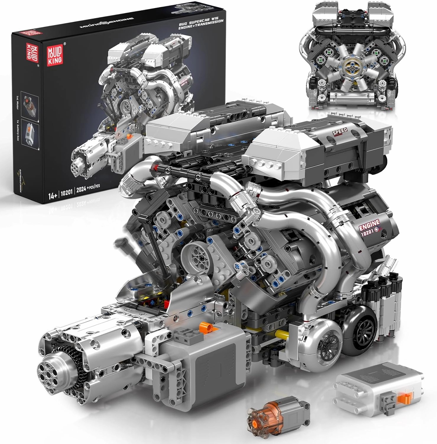 Mould King 10201 W16 Engine Model Kit - Build Your Own Cars 4-Speed Transmission Engine That Works - DIY STEM Project for Kids/Teens, Hobby Building Blocks Kit for Adults (2024 Pcs)
