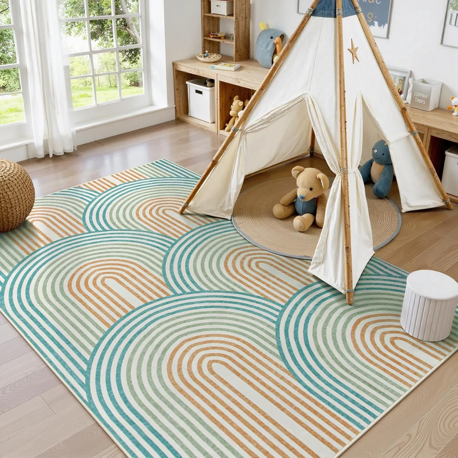 Moynesa Abstract Rainbow Washable 5x7 Rug, Non Slip Soft Bedroom Area Rug Ultra-Thin Colored Accent Playroom Rug, Mid Century Modern Rug Rubber Backing Carpet for Living Room Dining Room