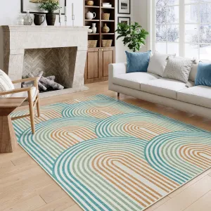 Moynesa Abstract Rainbow Washable 5x7 Rug, Non Slip Soft Bedroom Area Rug Ultra-Thin Colored Accent Playroom Rug, Mid Century Modern Rug Rubber Backing Carpet for Living Room Dining Room