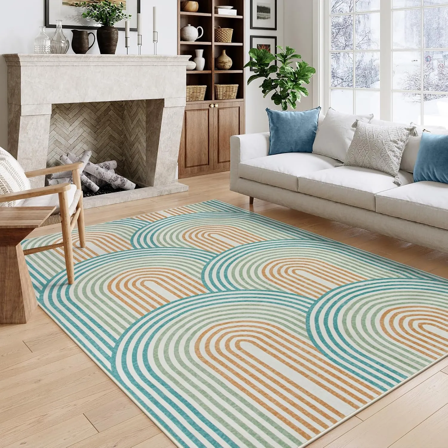 Moynesa Abstract Rainbow Washable 5x7 Rug, Non Slip Soft Bedroom Area Rug Ultra-Thin Colored Accent Playroom Rug, Mid Century Modern Rug Rubber Backing Carpet for Living Room Dining Room