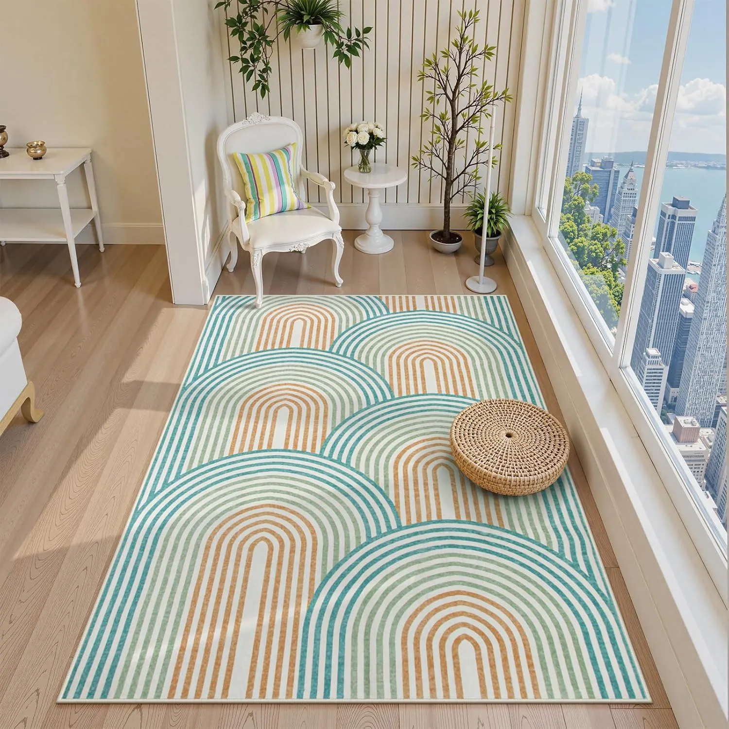 Moynesa Abstract Rainbow Washable 5x7 Rug, Non Slip Soft Bedroom Area Rug Ultra-Thin Colored Accent Playroom Rug, Mid Century Modern Rug Rubber Backing Carpet for Living Room Dining Room