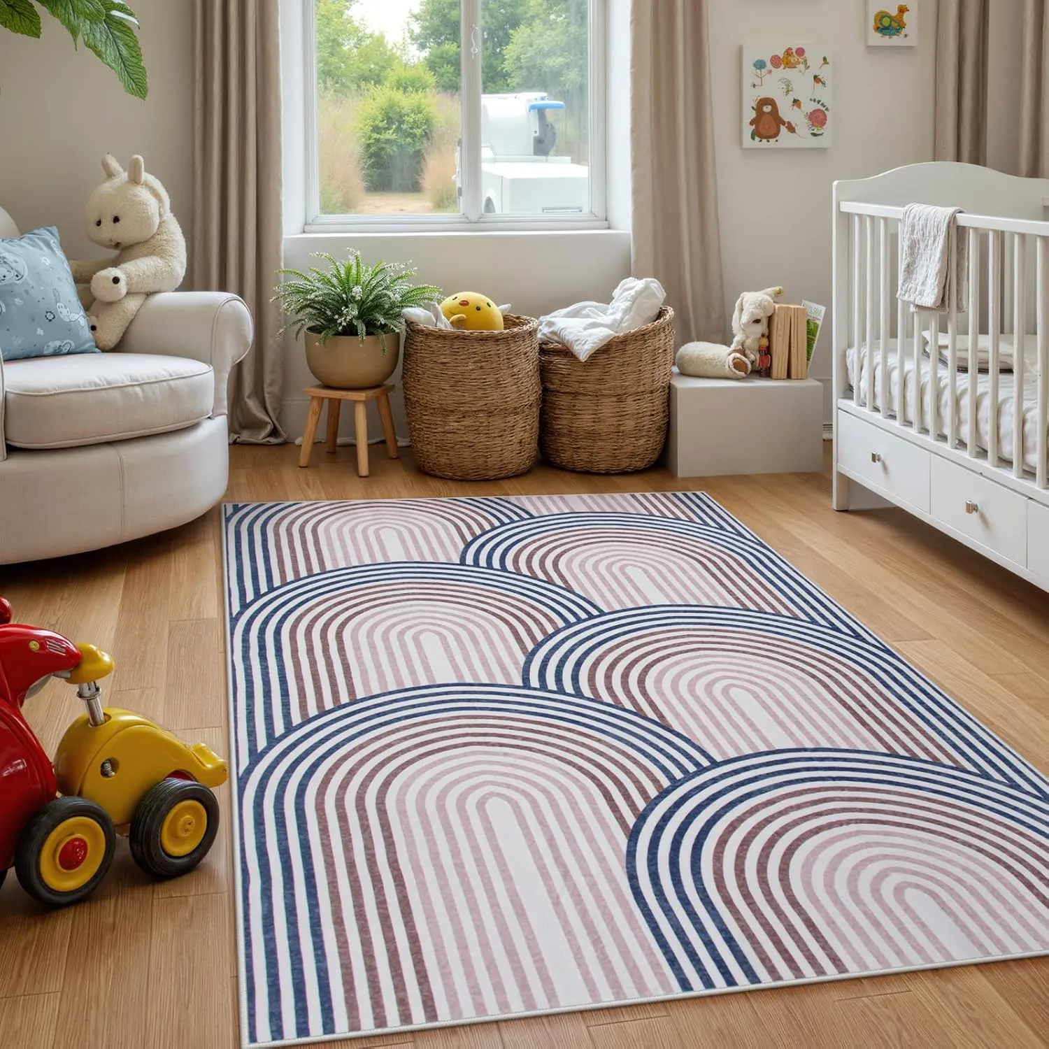 Moynesa Abstract Rainbow Washable Area Rugs 5x7, Low-Pile Soft Colored Bedroom Rug for Playroom Rug Non Slip, Mid Century Modern Easy Clean Throw Rug Carpet for Dining Room Living Room