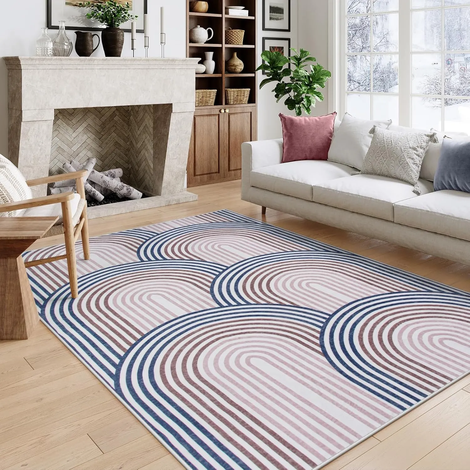 Moynesa Abstract Rainbow Washable Area Rugs 5x7, Low-Pile Soft Colored Bedroom Rug for Playroom Rug Non Slip, Mid Century Modern Easy Clean Throw Rug Carpet for Dining Room Living Room