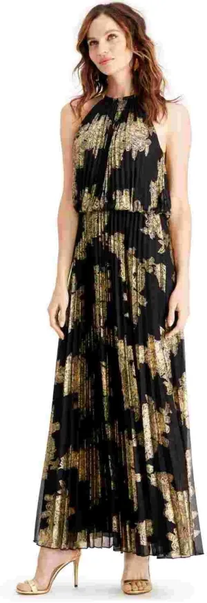 MSK Woman's Pleated Foil Blouson Dress (10, Black/Gold)