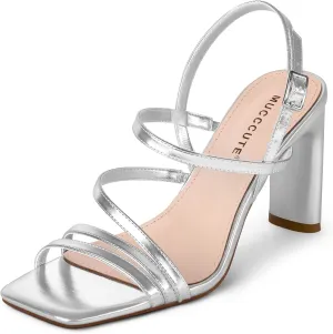 MUCCCUTE Strappy Heels for Women Heeled Sandals Square Open Toe Heel Ankle Strap Chunky High Heels Summer Wedding Prom Dress Shoes