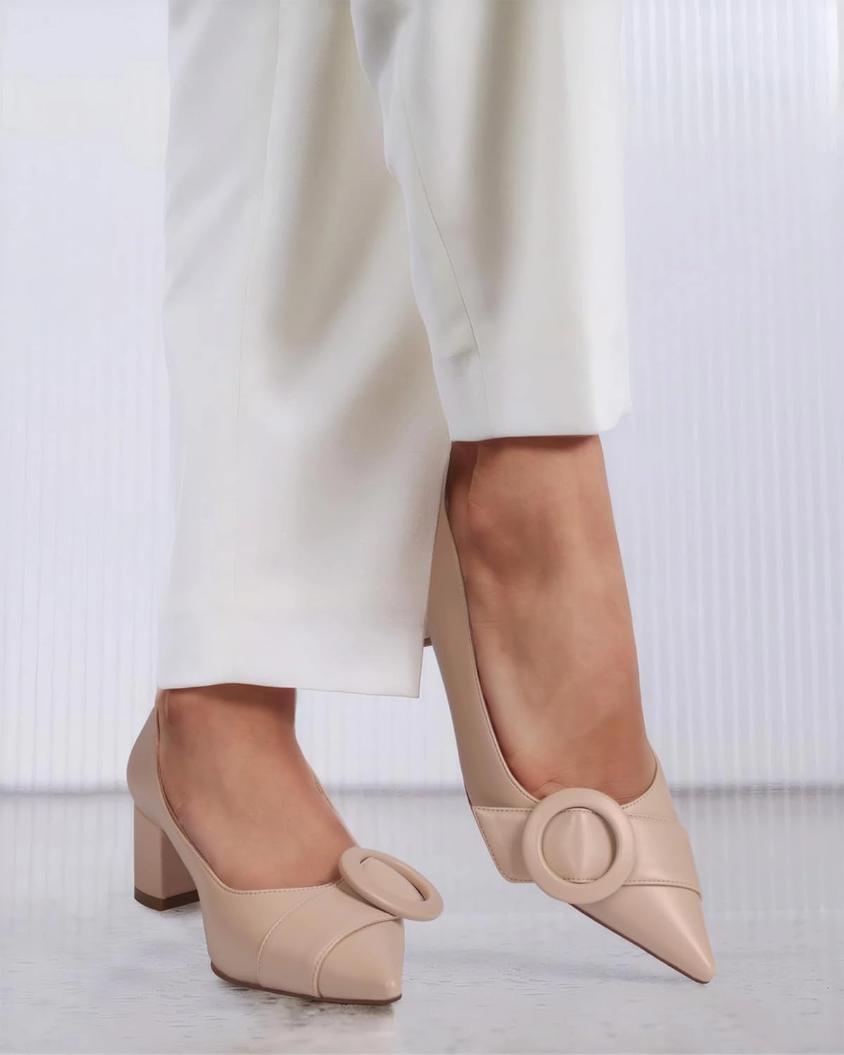 MUCCCUTE Chunky Heels for Women Closed Pointed Toe Pump 2'' Low Block Heels Fashion Round Buckle Dress Work Pumps
