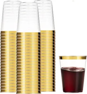 Munfix 100 Gold Plastic Cups 14 Oz Clear Tumblers Gold Rimmed Fancy Disposable Wedding Elegant Party Cups with Gold Rim