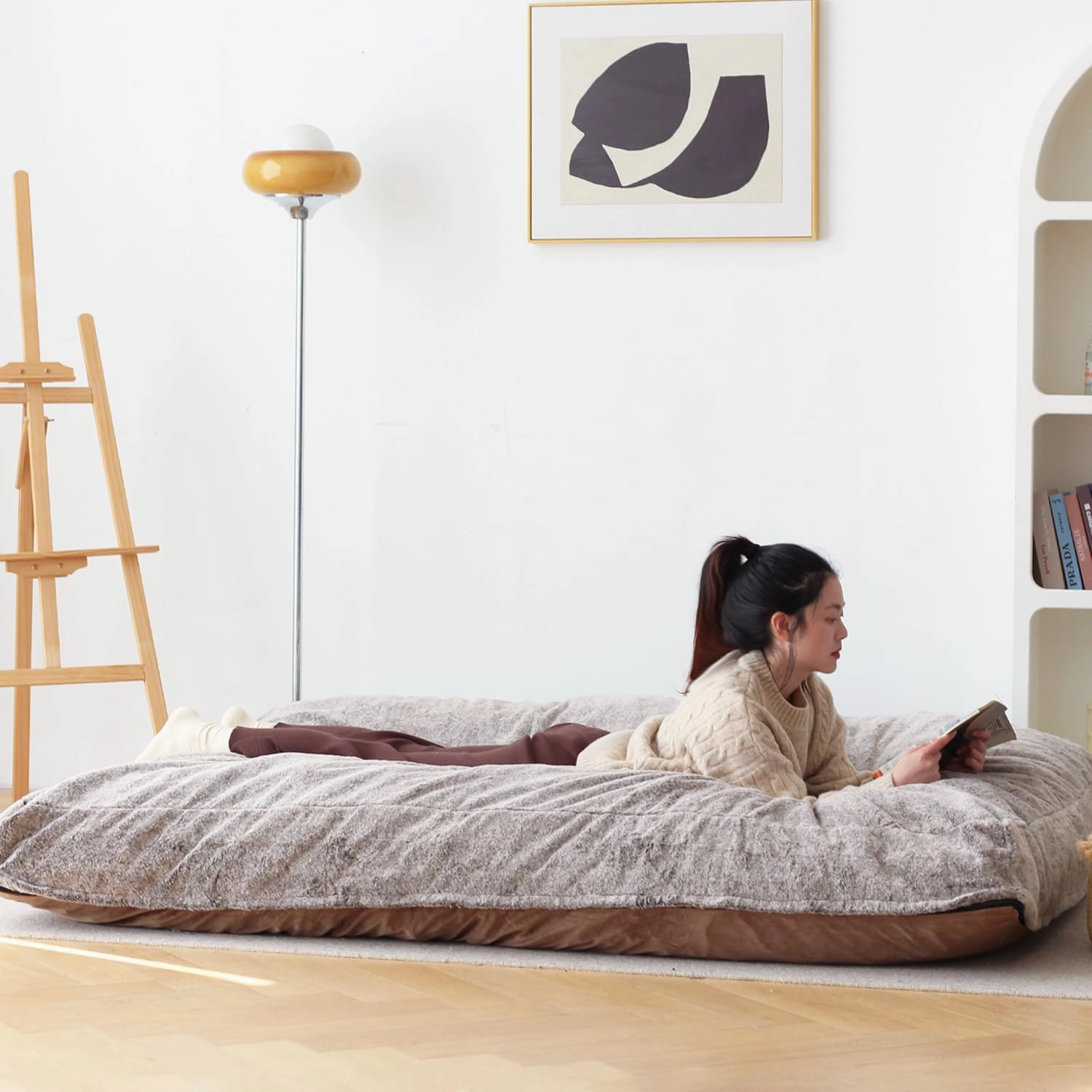 N&V Convertible Bean Bag, Traditional Foam Bean Bag Open Up to Lounger, Removable and Washable Cover and Linen, Large, Beige