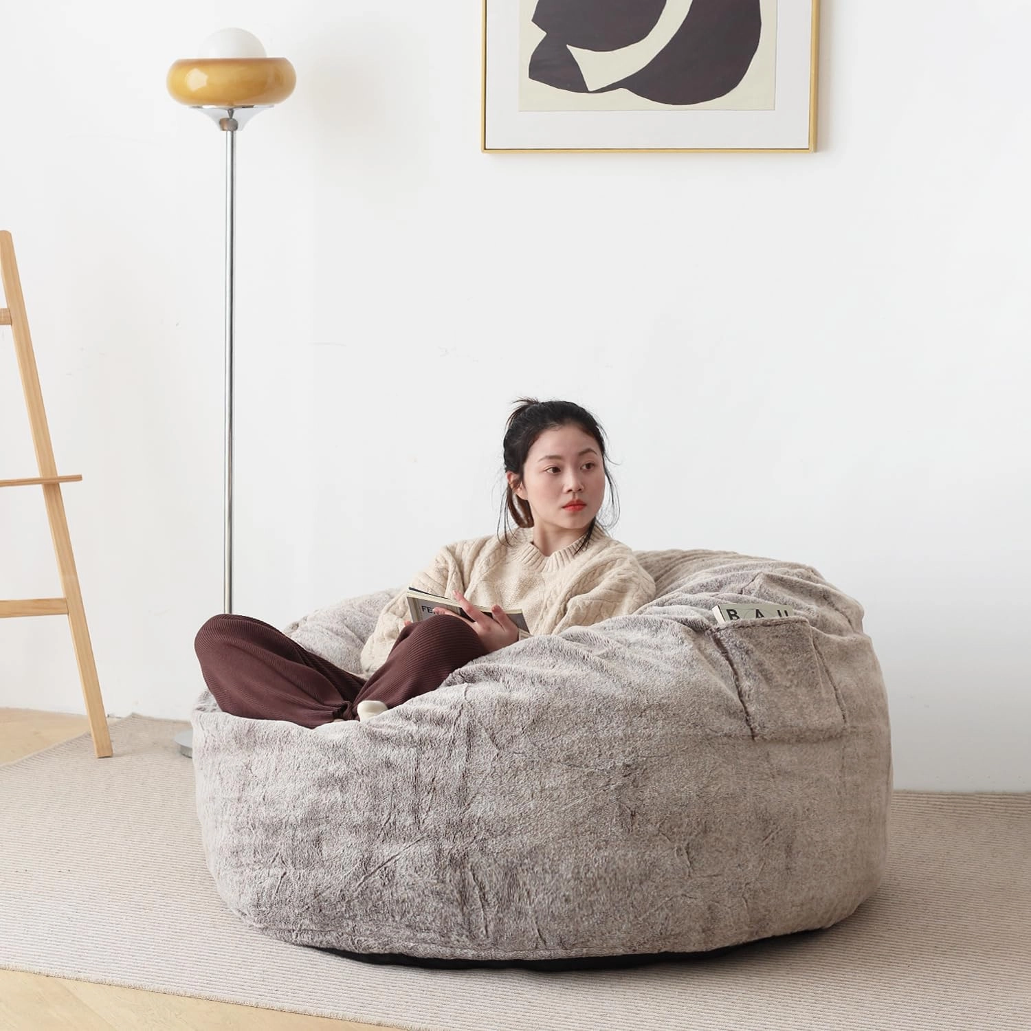 N&V Convertible Bean Bag, Traditional Foam Bean Bag Open Up to Lounger, Removable and Washable Cover and Linen, Large, Beige