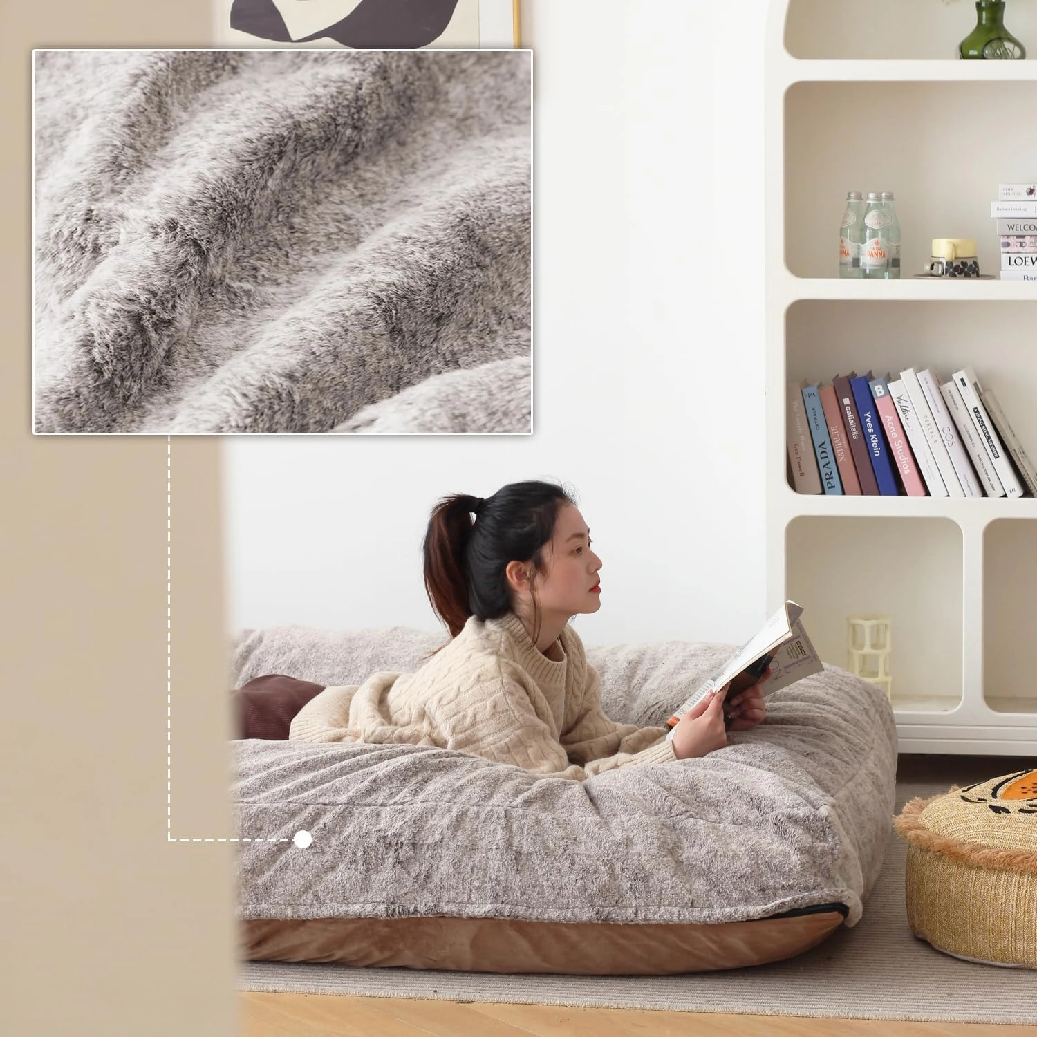 N&V Convertible Bean Bag, Traditional Foam Bean Bag Open Up to Lounger, Removable and Washable Cover and Linen, Large, Beige