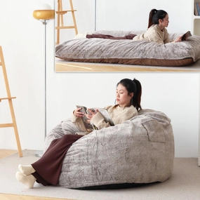 N&V Convertible Bean Bag, Traditional Foam Bean Bag Open Up to Lounger, Removable and Washable Cover and Linen, Large, Beige