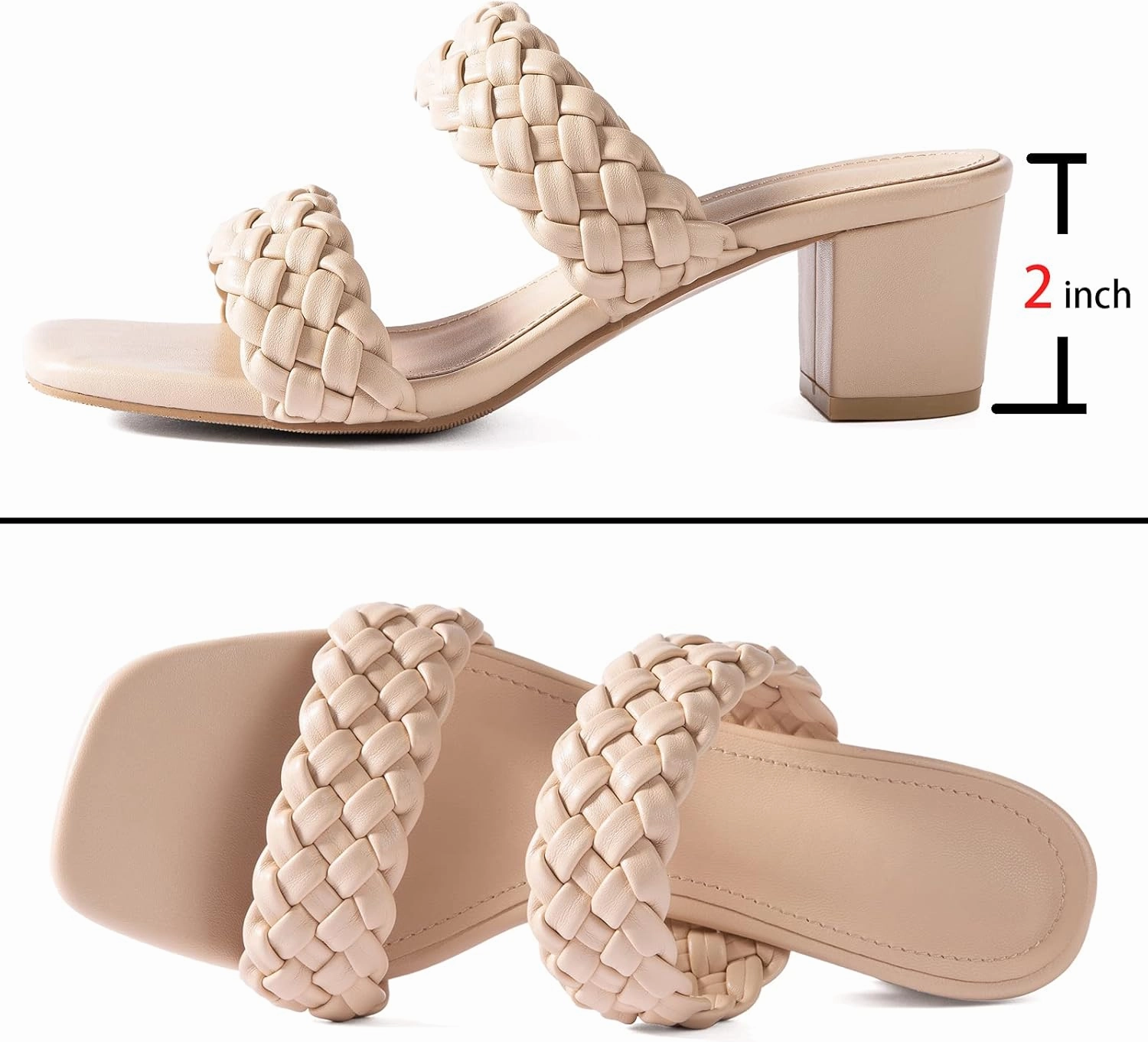 N.N.G Women Heels Sandals Braided Block Nude Summer Chunky Square Leather Woven Comfort Strappy Dress Casual Pumps Mules