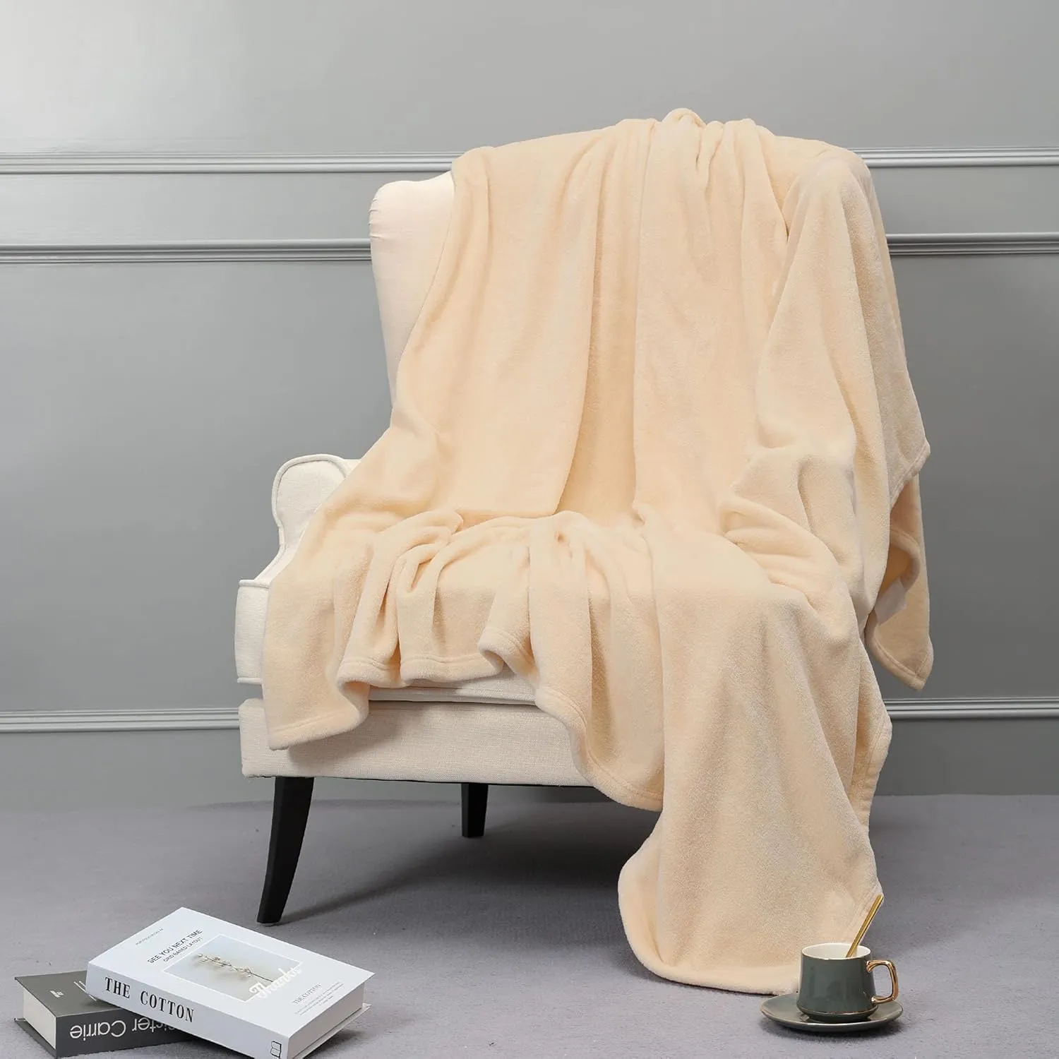 NANPIPER Fleece Blankets, Super Soft Flannel Queen Size Blanket for Bed, Luxury Cozy Microfiber Plush Fuzzy Blanket,Beige
