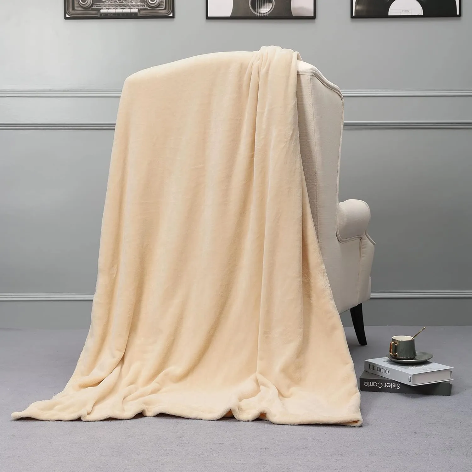 NANPIPER Fleece Blankets, Super Soft Flannel Queen Size Blanket for Bed, Luxury Cozy Microfiber Plush Fuzzy Blanket,Beige
