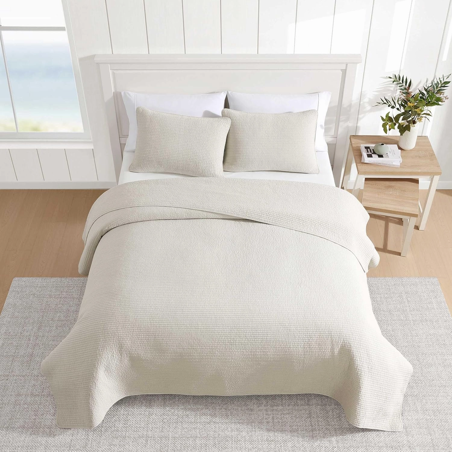 Nautica - Quilt Set, Super Soft Solid Washed Woven Cotton Bedding with Matching Shams, Casual Style Home Essentials (Seashore Stitch Beige, Full/Queen)