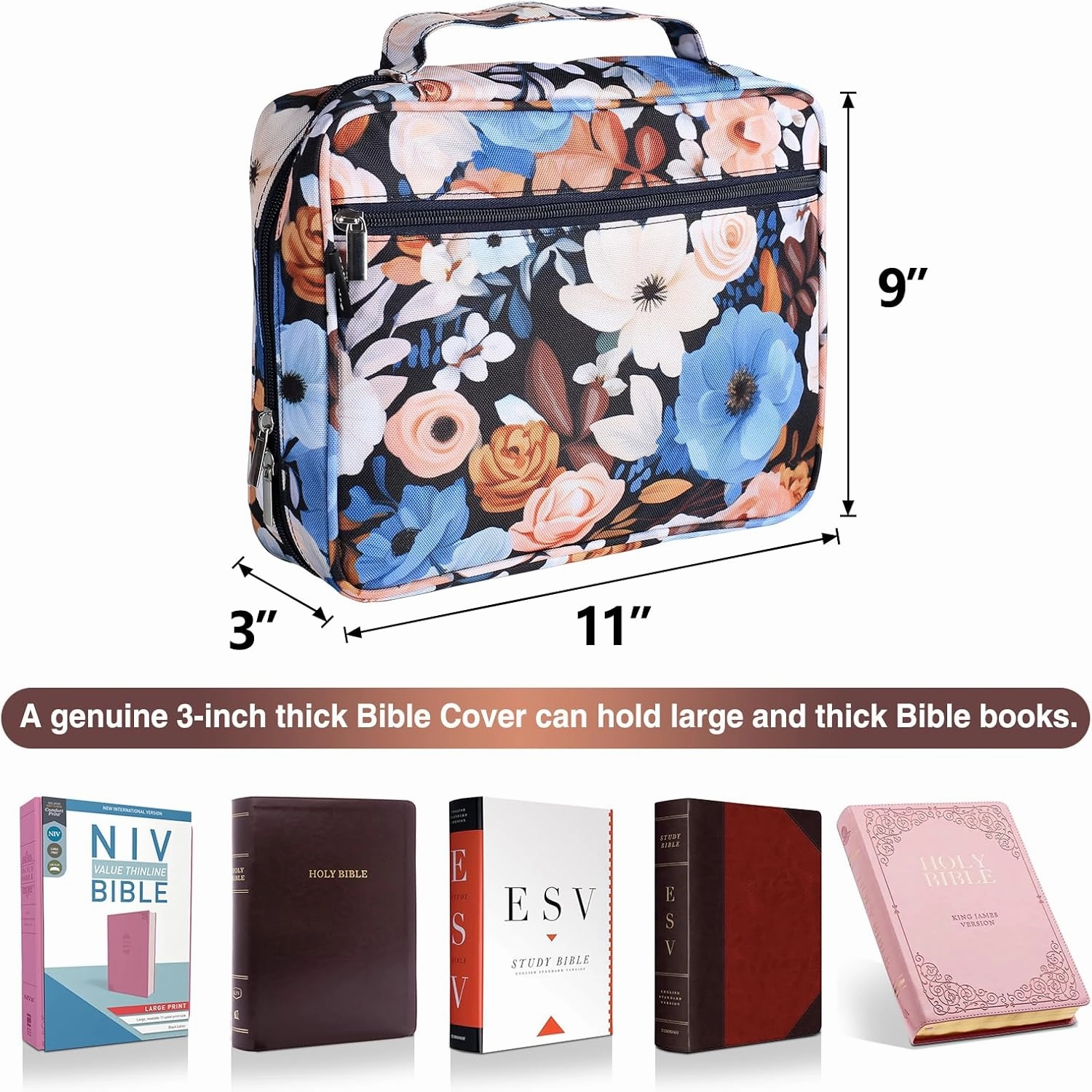 Navy Blue Large Bible Covers For Women 11x9x3in Extra Large Bible Cover Case for Girls Pink Floral Bible Cover with Strap Pockets Zipper Waterproof Thick XL Study Bible Carrying Case Bible Bag
