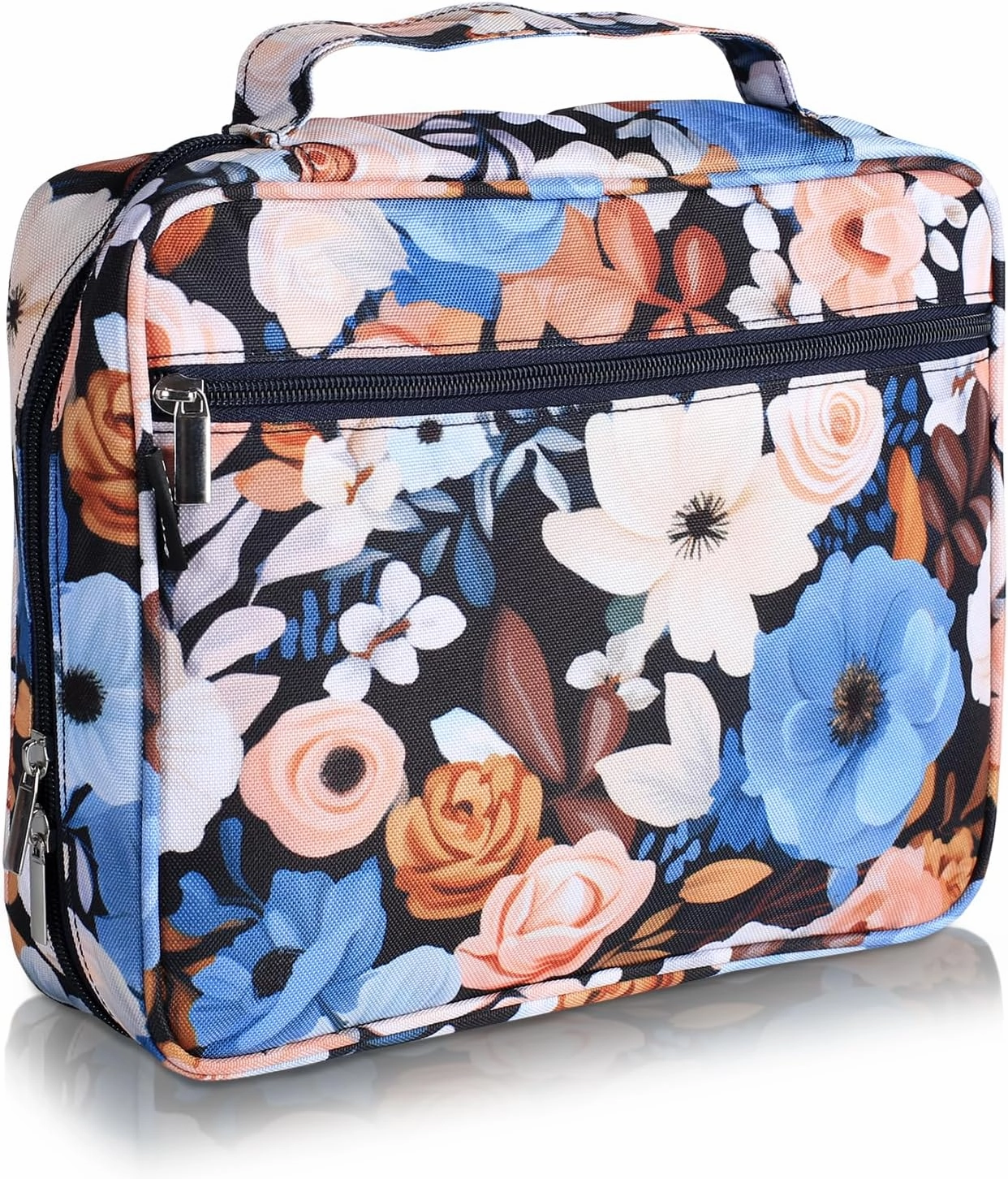 Navy Blue Large Bible Covers For Women 11x9x3in Extra Large Bible Cover Case for Girls Pink Floral Bible Cover with Strap Pockets Zipper Waterproof Thick XL Study Bible Carrying Case Bible Bag