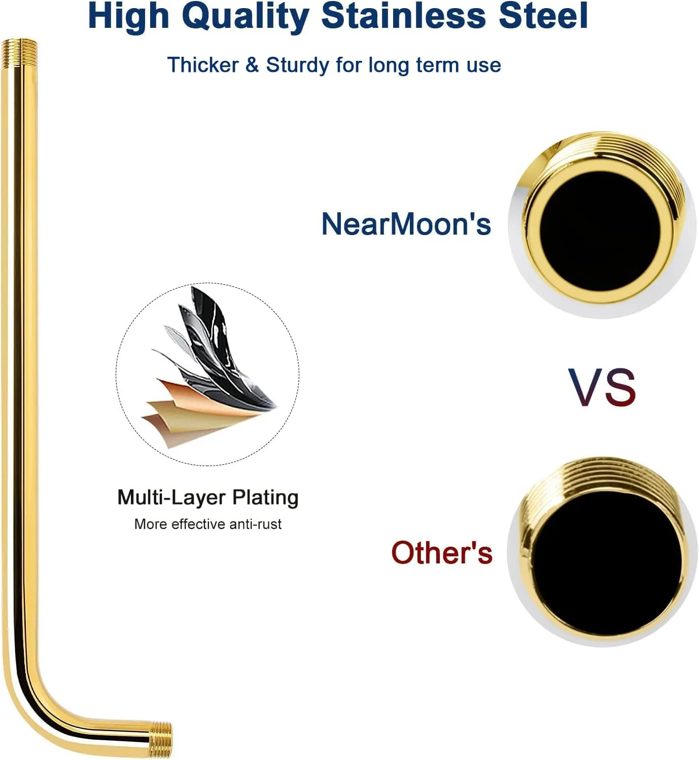 NearMoon Shower Arm, Extra Extension Arm with Flange, Stainless Steel Wall-Mounted Showerhead Extender Pipe (15 Inch, Chrome Gold)