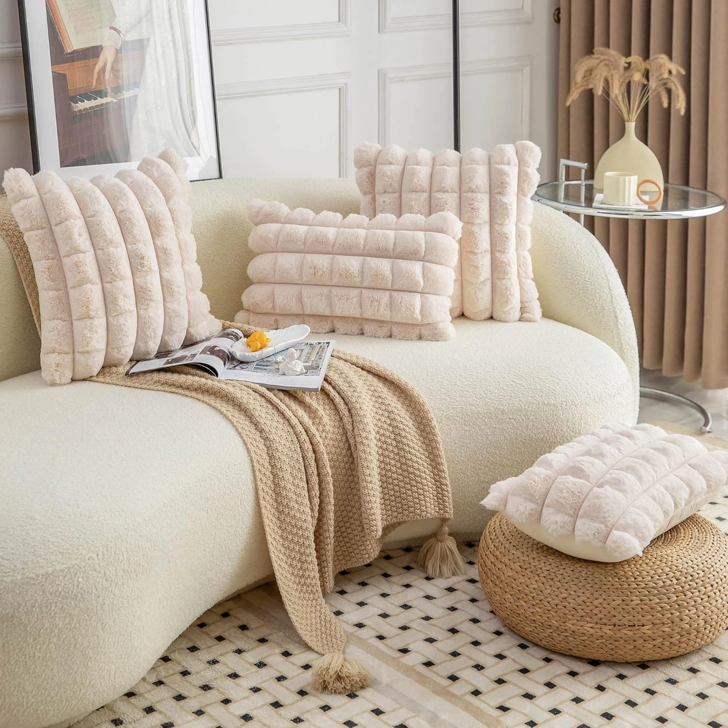Neelvin Beige Faux Fur Cozy Soft Plaid Decorative Throw Pillow Covers 18x18 inch Set of 2,Velvet Pillowcase Cushion Case for Sofa Couch