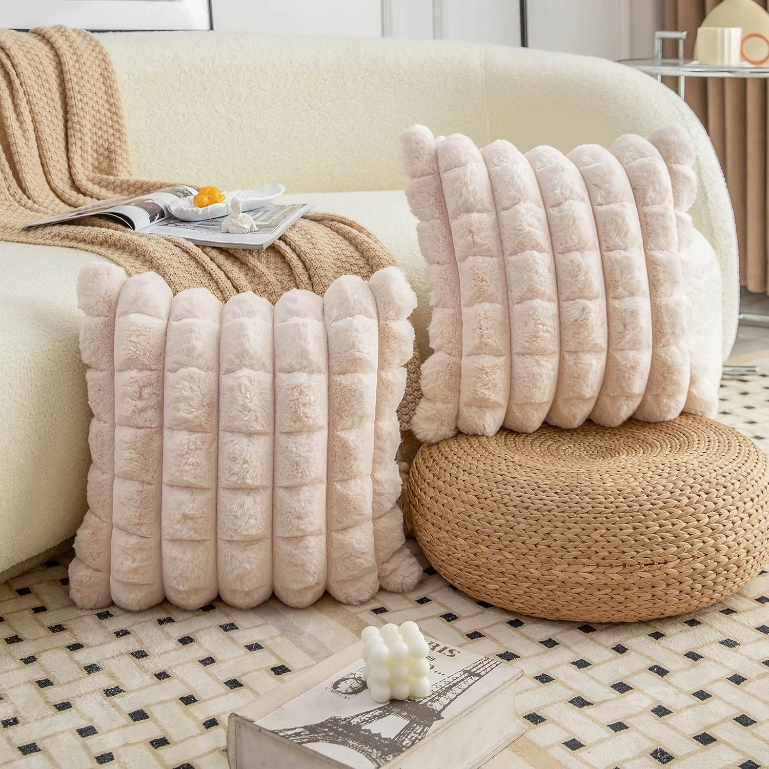 Neelvin Beige Faux Fur Cozy Soft Plaid Decorative Throw Pillow Covers 18x18 inch Set of 2,Velvet Pillowcase Cushion Case for Sofa Couch