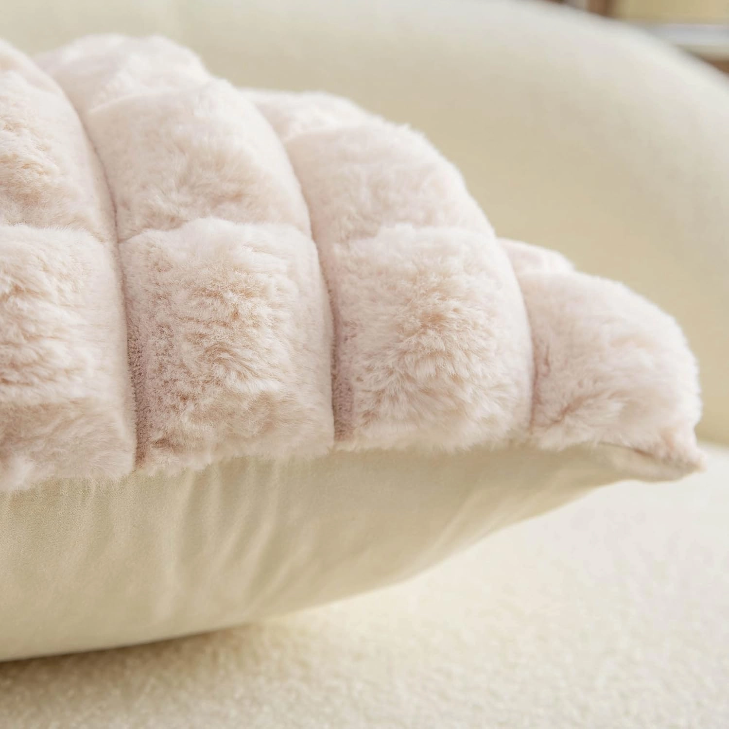 Neelvin Beige Faux Fur Cozy Soft Plaid Decorative Throw Pillow Covers 18x18 inch Set of 2,Velvet Pillowcase Cushion Case for Sofa Couch