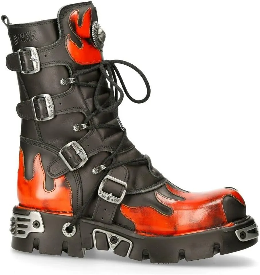 NEW ROCK Boots 591 Flame Metallic Leather Men's Goth Punk Biker Fashion