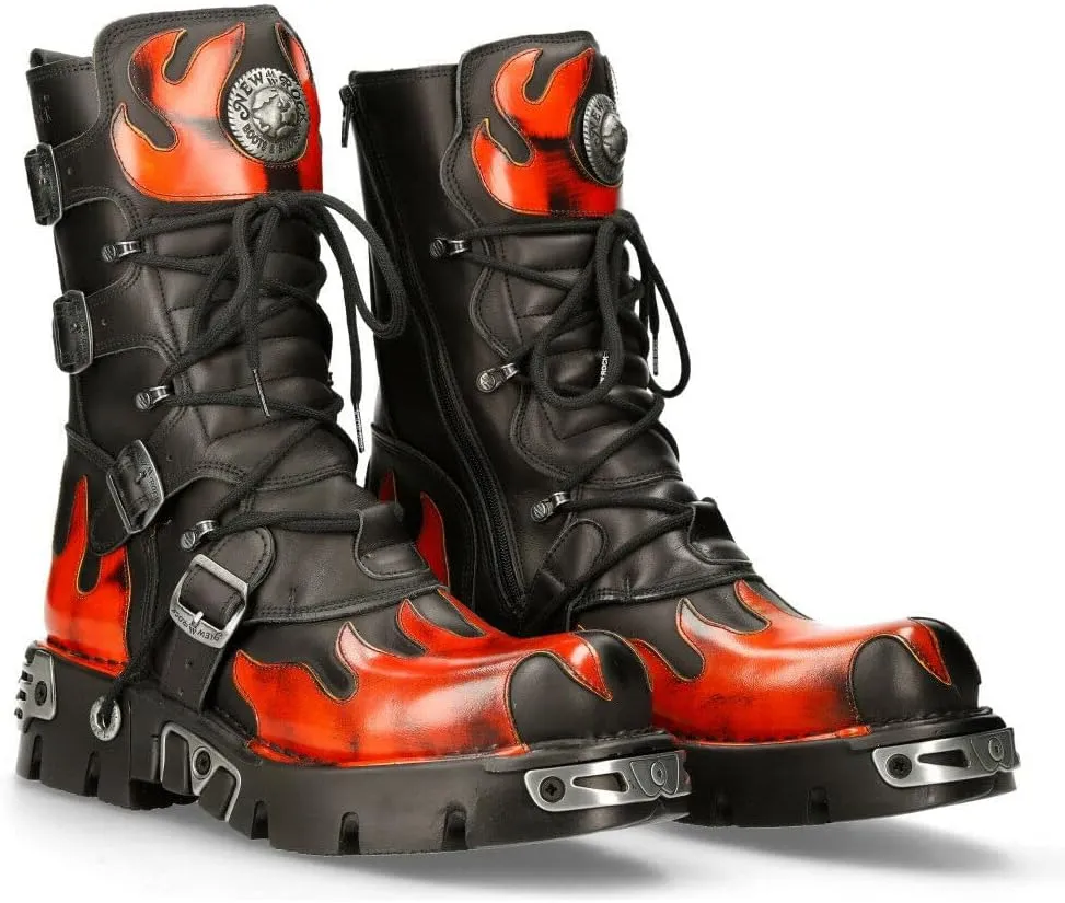 NEW ROCK Boots 591 Flame Metallic Leather Men's Goth Punk Biker Fashion