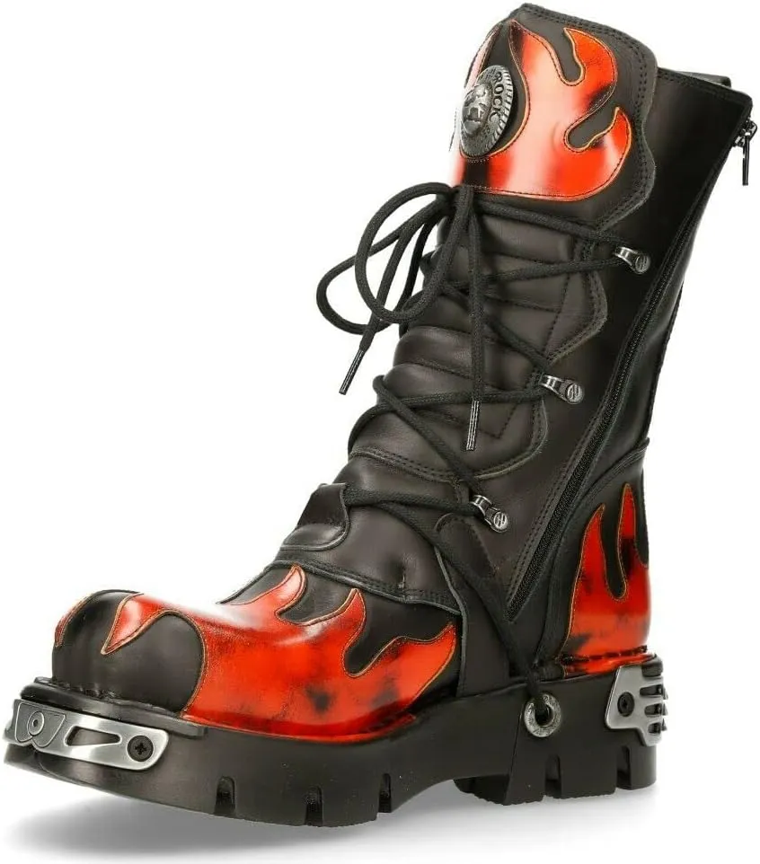 NEW ROCK Boots 591 Flame Metallic Leather Men's Goth Punk Biker Fashion