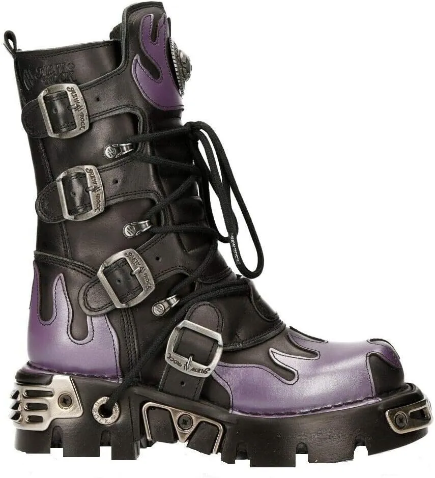 New Rock Boots 591 Flame Metallic Leather Women's Goth Punk Biker Fashion