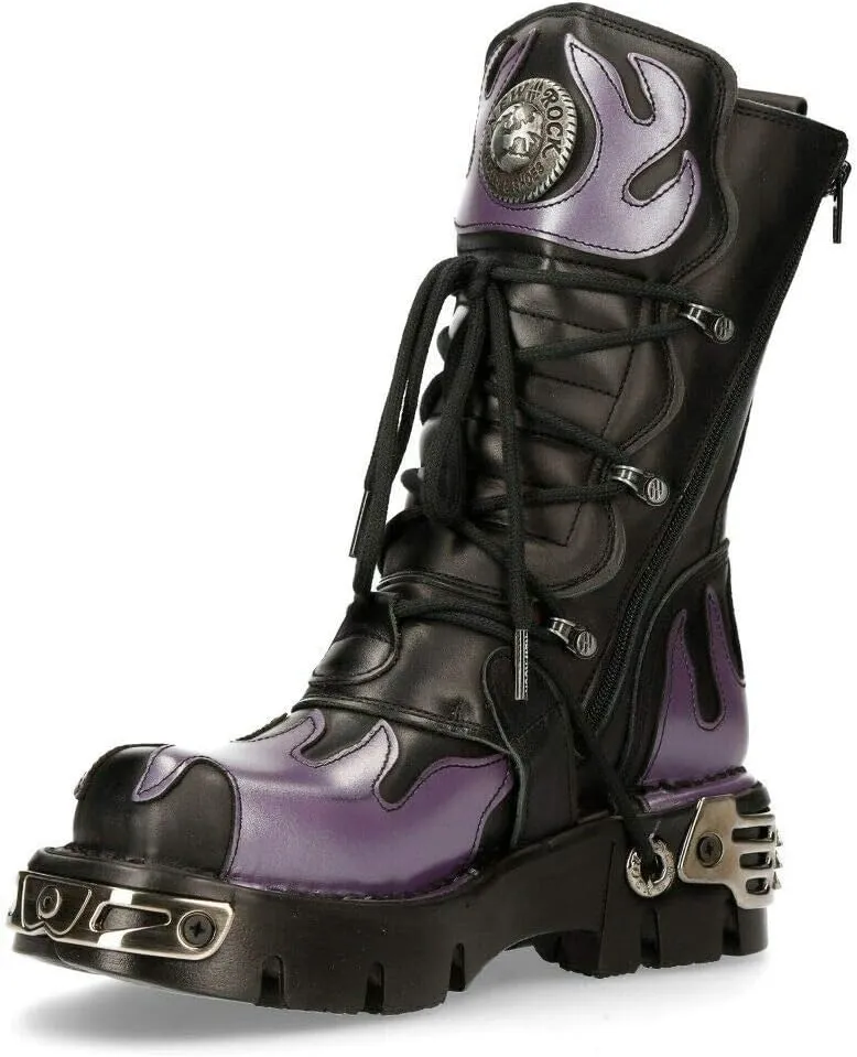 New Rock Boots 591 Flame Metallic Leather Women's Goth Punk Biker Fashion