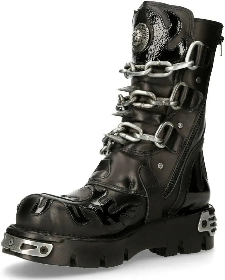 New Rock Men's 727-S1 Metallic Black Leather Spikes Gothic Mid Calf Punk Rock Boots