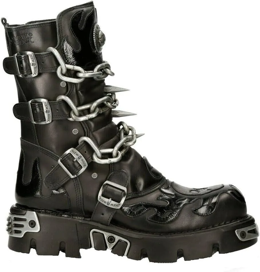 New Rock Men's 727-S1 Metallic Black Leather Spikes Gothic Mid Calf Punk Rock Boots