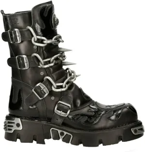 New Rock Men's 727-S1 Metallic Black Leather Spikes Gothic Mid Calf Punk Rock Boots