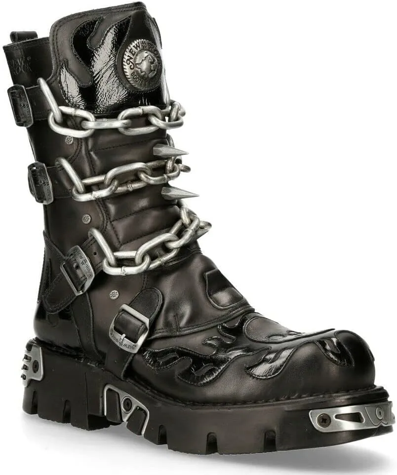 New Rock Men's 727-S1 Metallic Black Leather Spikes Gothic Mid Calf Punk Rock Boots