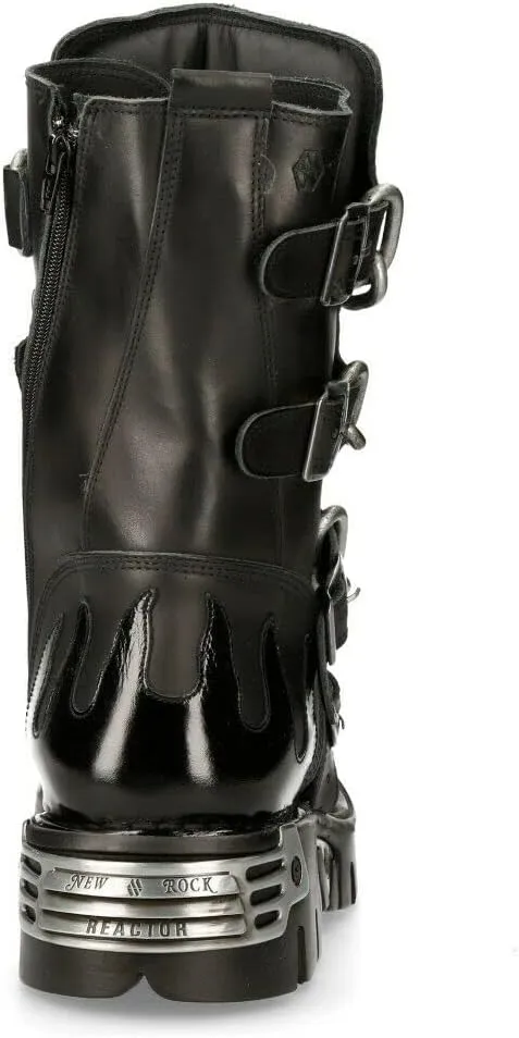 New Rock Men's 727-S1 Metallic Black Leather Spikes Gothic Mid Calf Punk Rock Boots