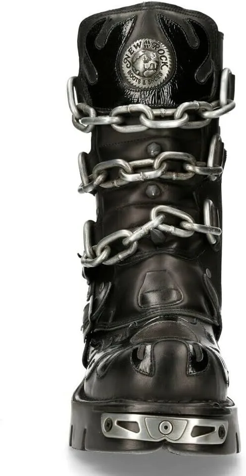 New Rock Men's 727-S1 Metallic Black Leather Spikes Gothic Mid Calf Punk Rock Boots