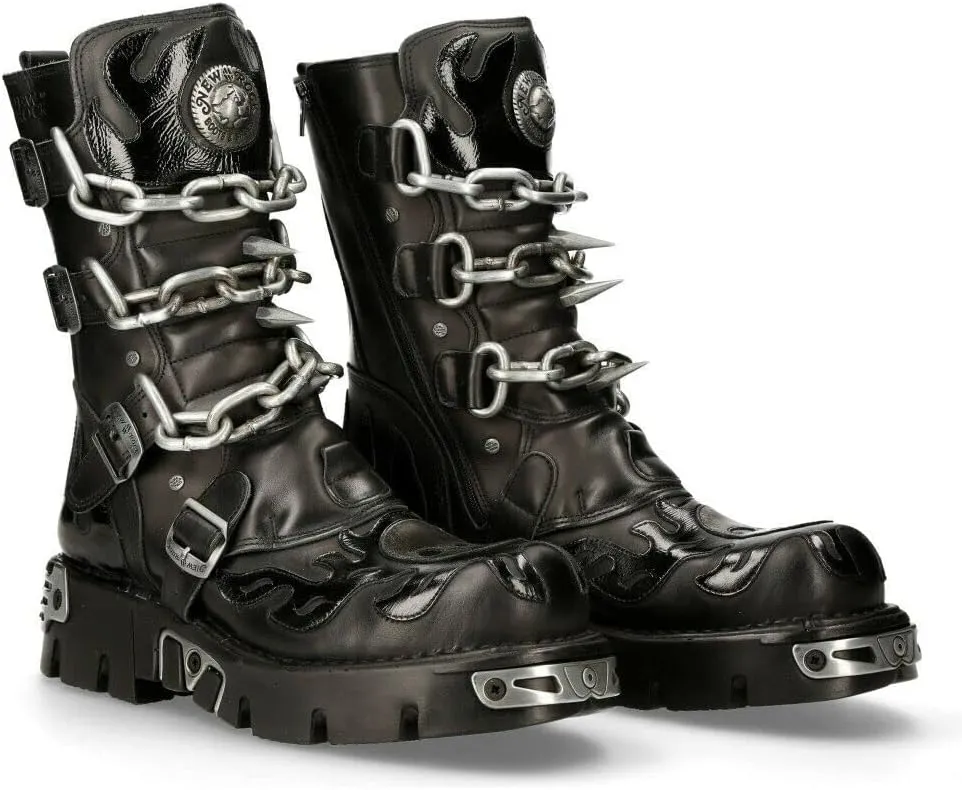 New Rock Men's 727-S1 Metallic Black Leather Spikes Gothic Mid Calf Punk Rock Boots