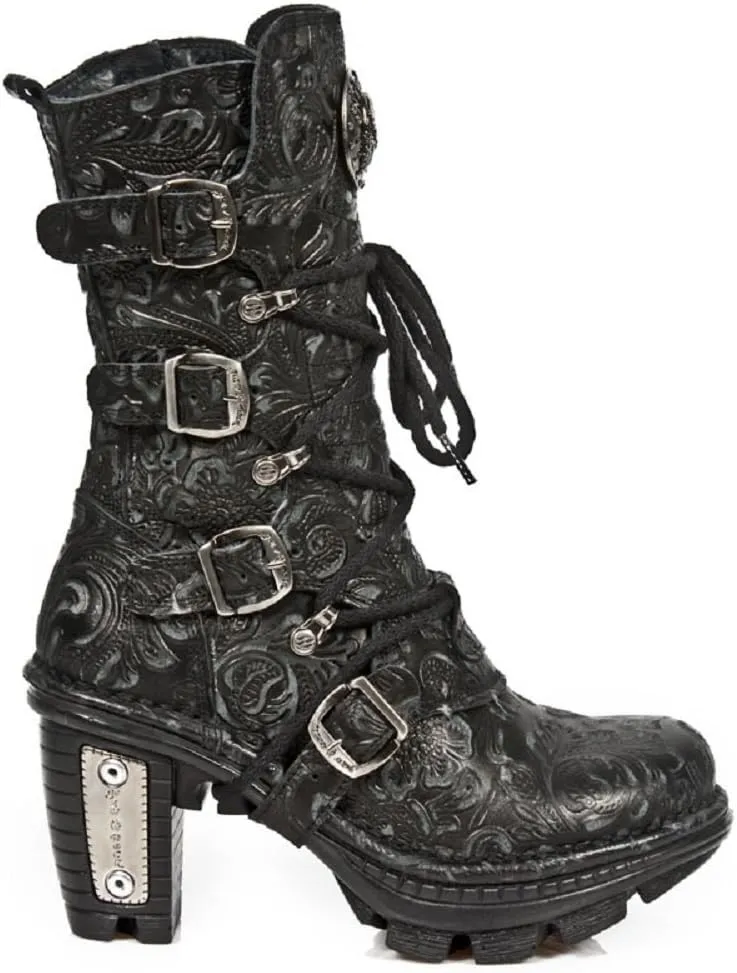 New Rock NEOTR005-S25 Ladies Leather Boots Vintage Floral Black Gothic Rock Punk