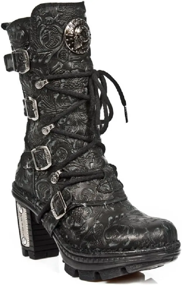 New Rock NEOTR005-S25 Ladies Leather Boots Vintage Floral Black Gothic Rock Punk
