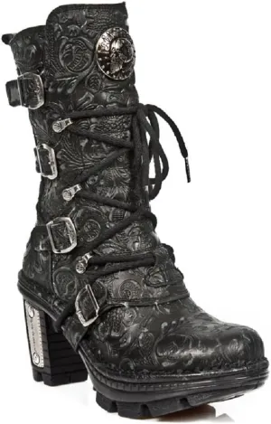 New Rock NEOTR005-S25 Ladies Leather Boots Vintage Floral Black Gothic Rock Punk