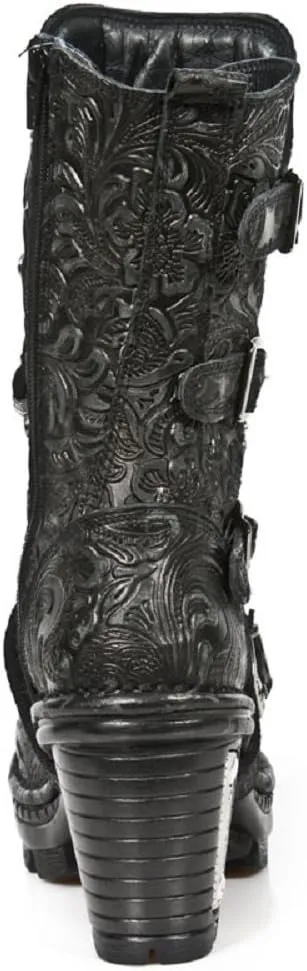 New Rock NEOTR005-S25 Ladies Leather Boots Vintage Floral Black Gothic Rock Punk
